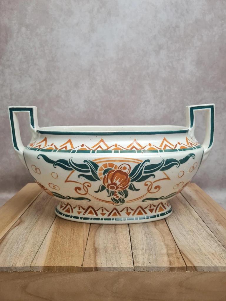Jardinière Art Déco Moulin des Loups Orchies – décor stylisé vert & terracotta – double anse