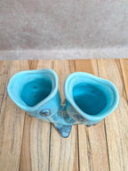 Vase double poisson en barbotine bleu turquoise – Céramique vintage