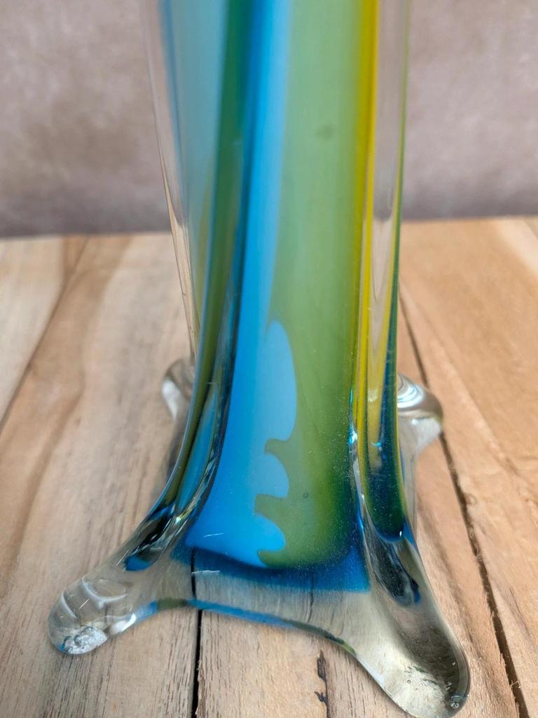 Vase vintage verre coloré bleu & jaune style Murano