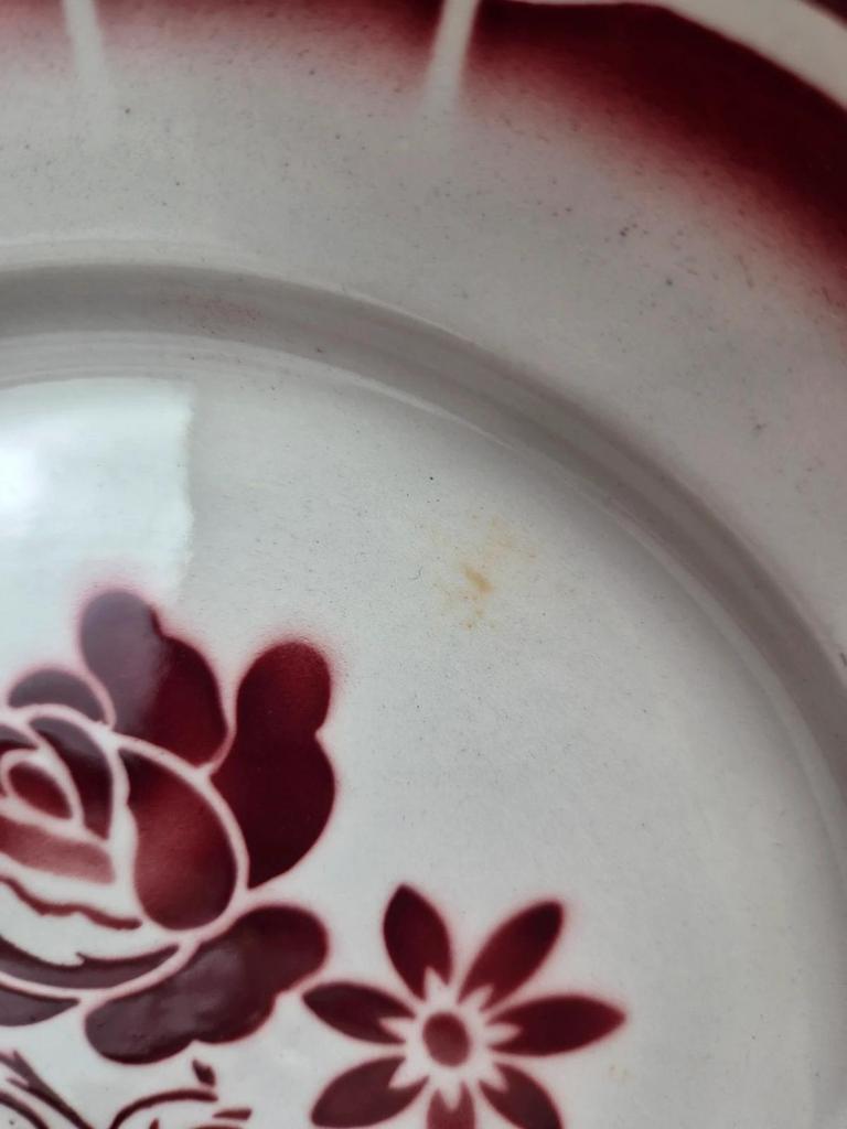 Lot de 6 assiettes plates anciennes Badonviller Fb – roses bordeaux