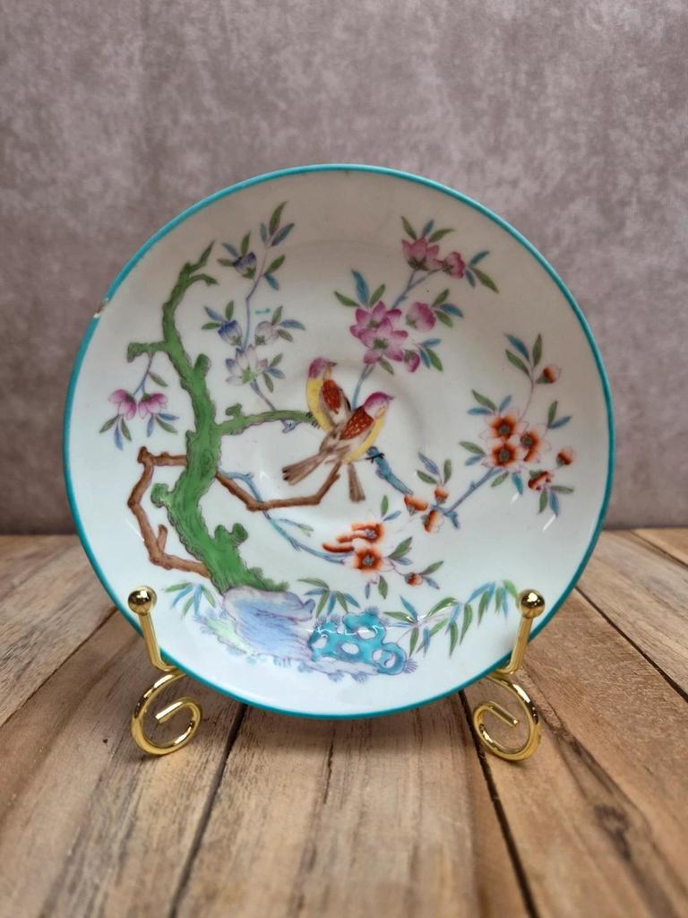 Sous-tasse ancienne Minton English Porcelain – décor oiseaux & branche fleurie – esprit chinois