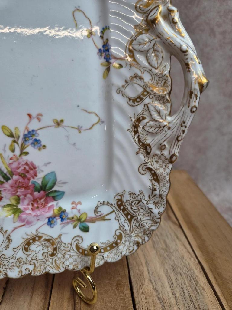 Plateau carré ancien Sarreguemines décor floral doré style Louis Xv
