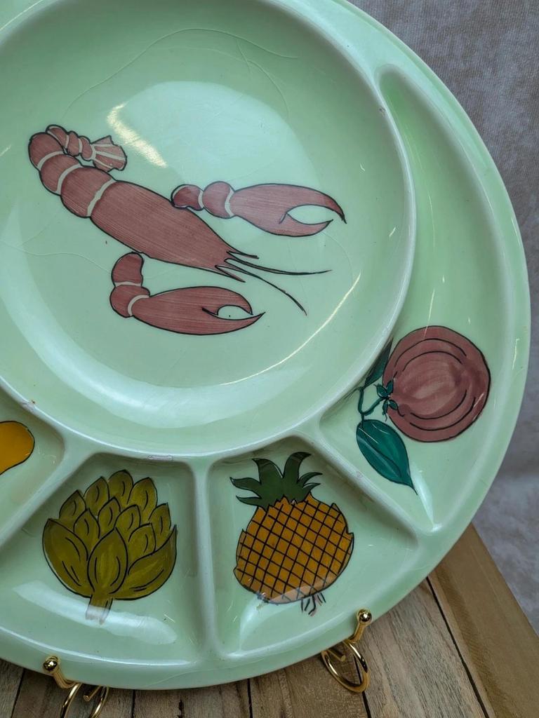 Plat compartiment vintage Déco Gourmet – crevettes & fruits – esprit années 60