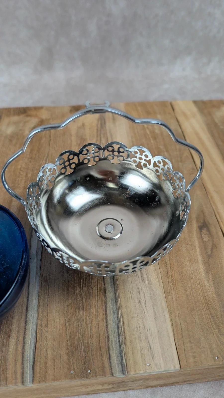 Sucrier vintage en métal argenté & verre bleu cobalt