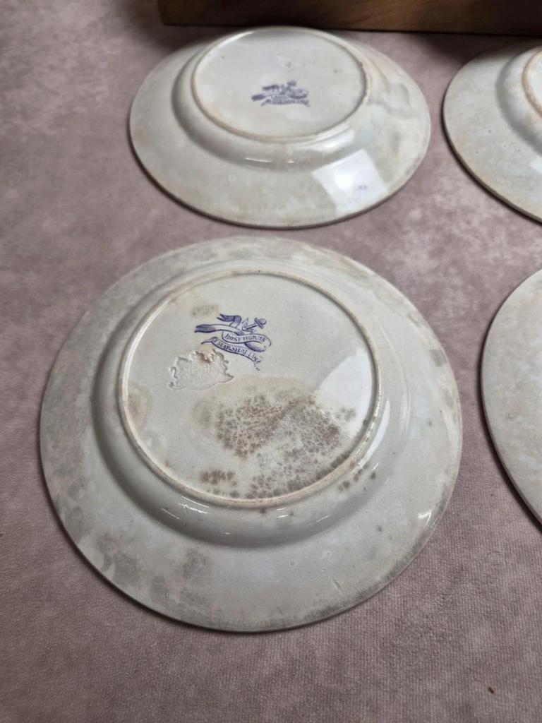 Lot de 8 assiettes à dessert anciennes anglaises J. Marshall & Co Bosphorus faïence violette Xixe