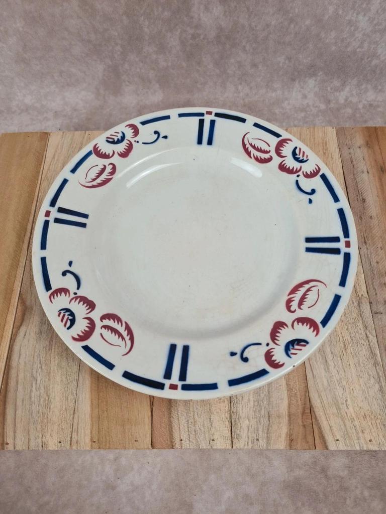 Compotier sur pied ancien Gien – Décor floral bleu & rouge