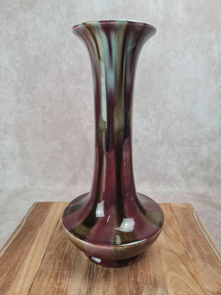 Grand vase ancien Fives-lille – signé Gustave De Bruyne 💐 Émail flammé vert & lie-de-vin