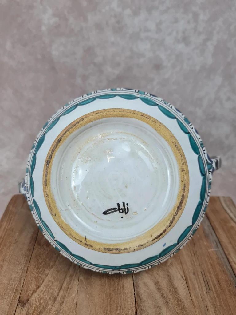 🌿 Vase artisanal en faïence marocaine signé – décor bleu & vert 🌿