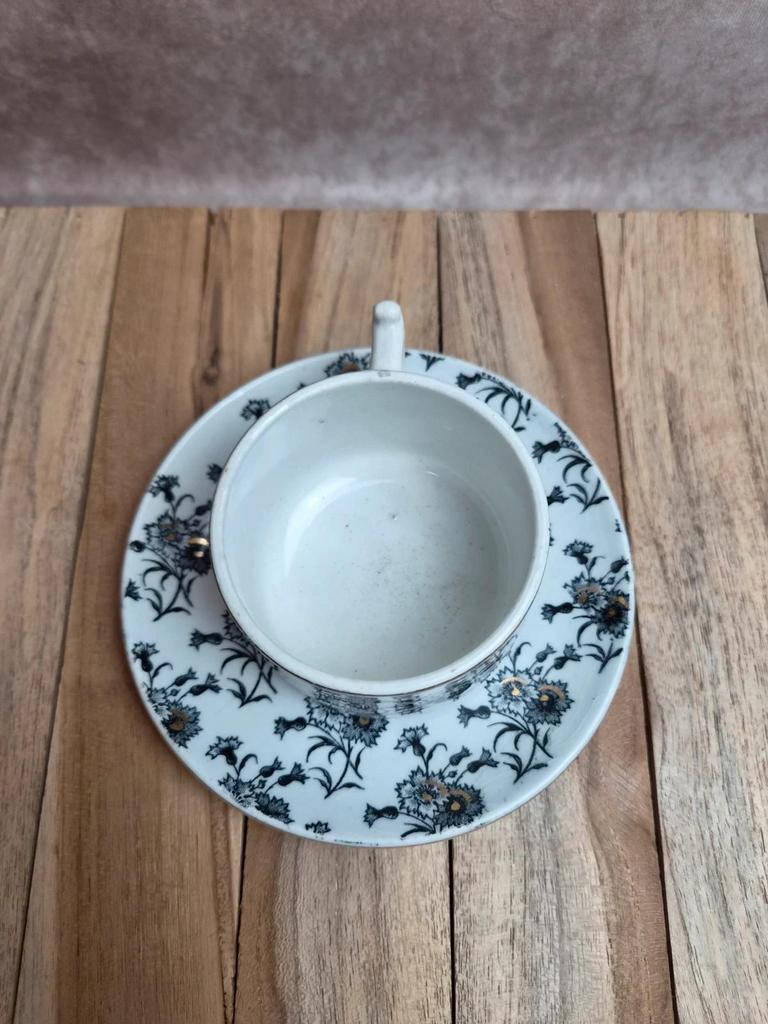 Tasse et soucoupe anciennes Gien – terre de fer – décor floral doré