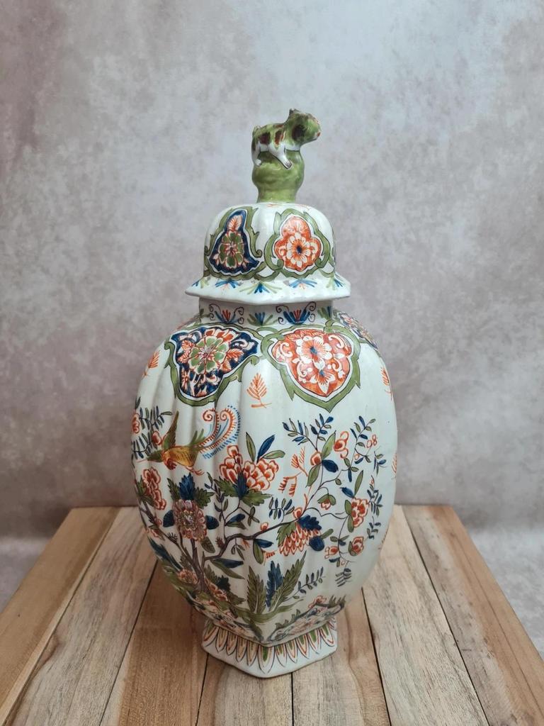 Potiche couverte ancienne faïence Desvres Fourmaintraux Xixe décor chinoiserie chien de Fô