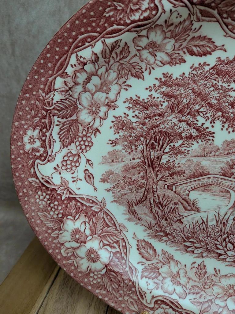 Plat ovale terre de fer anglaise toile de Jouy rouge