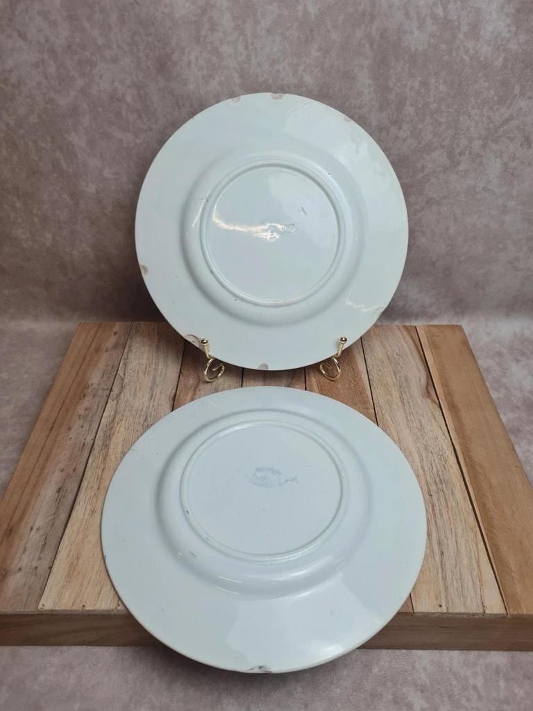 Paire d’assiettes anciennes Gien Xixe modèle Fleur Baptiste – Terre de fer – Médaille d’or