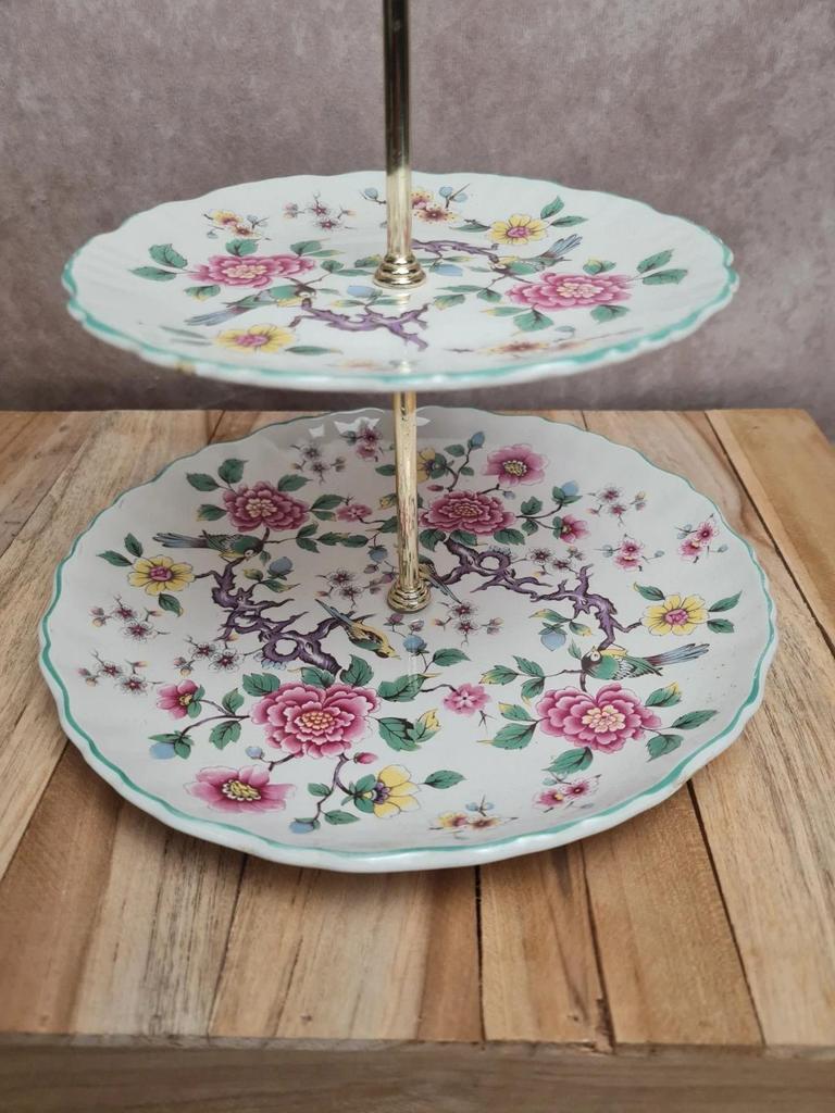 Présentoir à gâteaux 2 étages vintage anglais James Kent Old Foley fleurs oiseaux