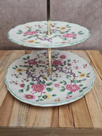 Présentoir à gâteaux 2 étages vintage anglais James Kent Old Foley fleurs oiseaux
