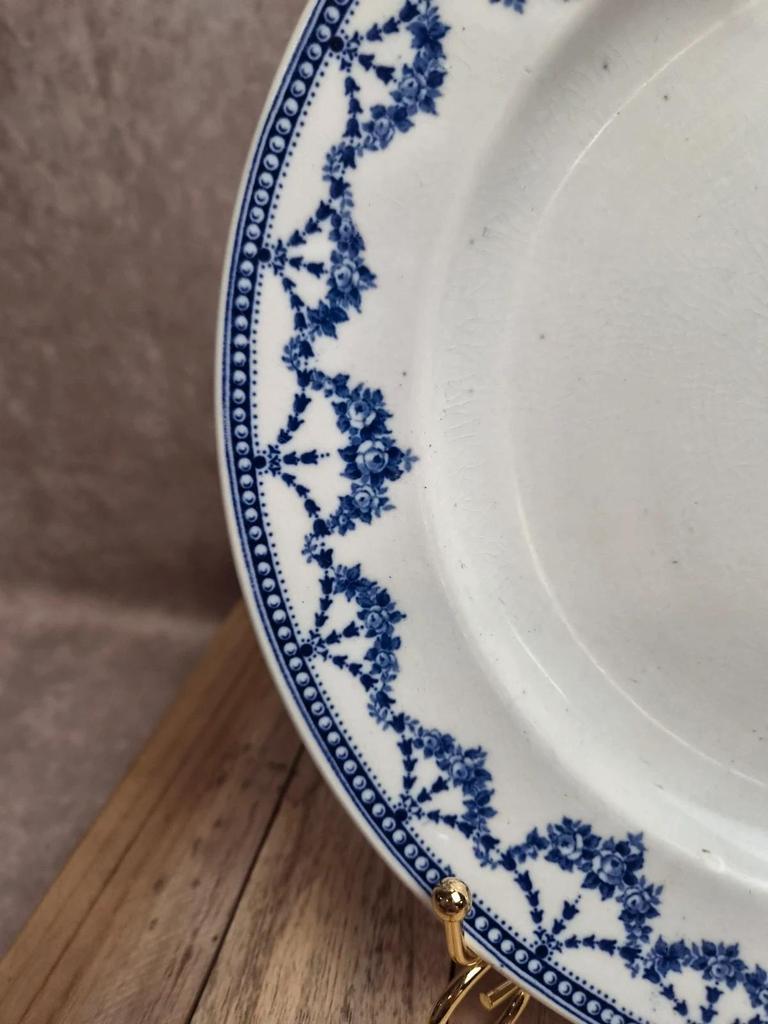 Assiette ancienne anglaise Crescent Ware Empire England décor bleu guirlandes