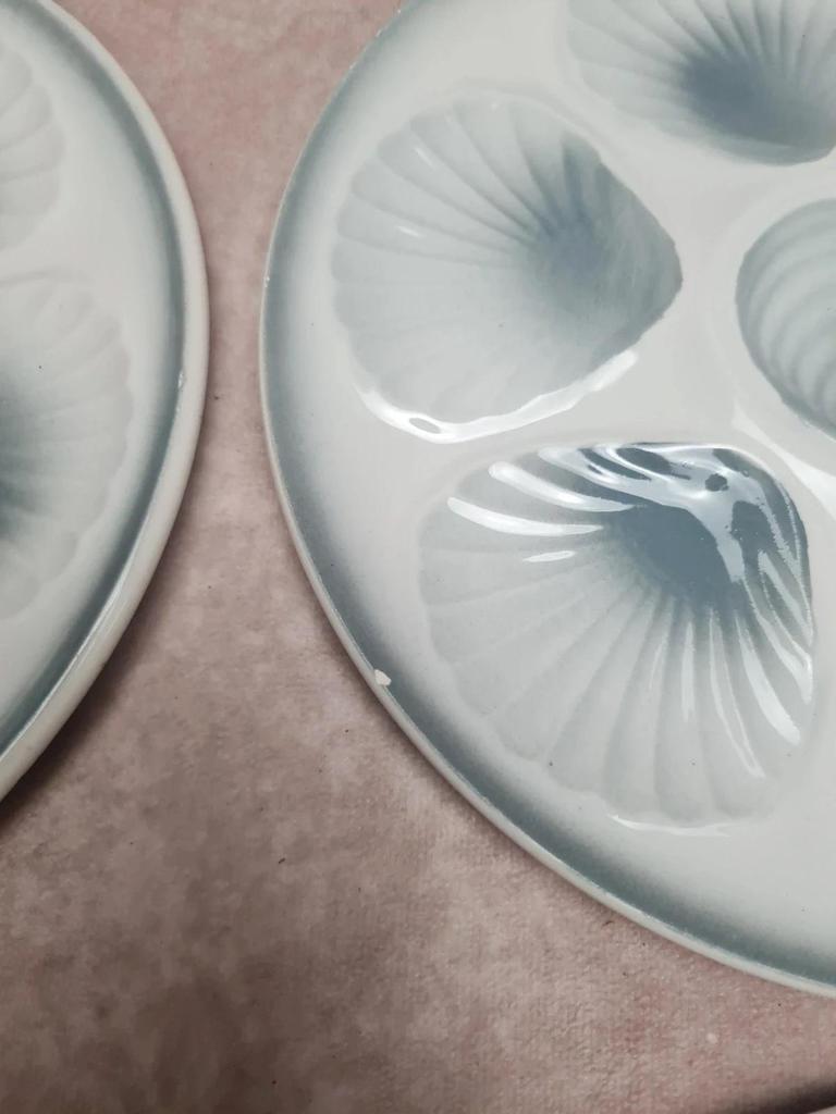 Lot 12 assiettes à huîtres + plat Moulin des Loups – service ancien bleu gris 🌊🦪