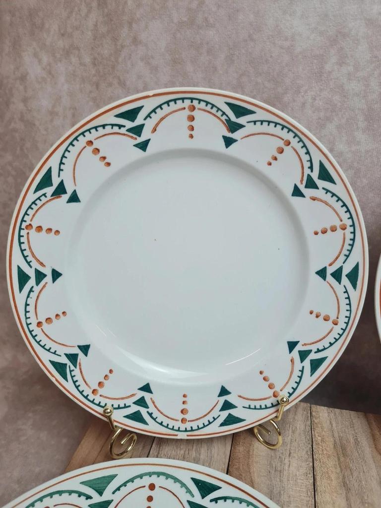 Lot 4 assiettes plates anciennes Badonviller Lunéville modèle Succao vert & brun