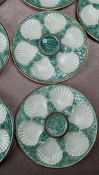 Service 12 assiettes à huîtres + grand plat Longchamp majolique vert coquillage vintage