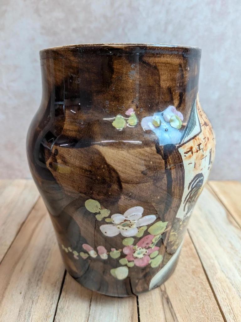 Pot de fleurs ancien en barbotine Théodore Lefront – coq et poule – Xixe