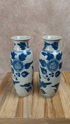 Lot de 2 vases chinois bleu et blanc décor floral