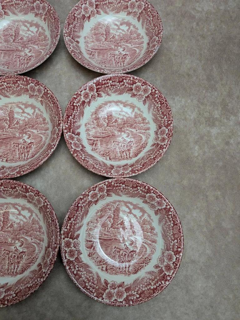 Coupelles anglaises terre de fer Broadhurst Staffordshire toile de Jouy rouge