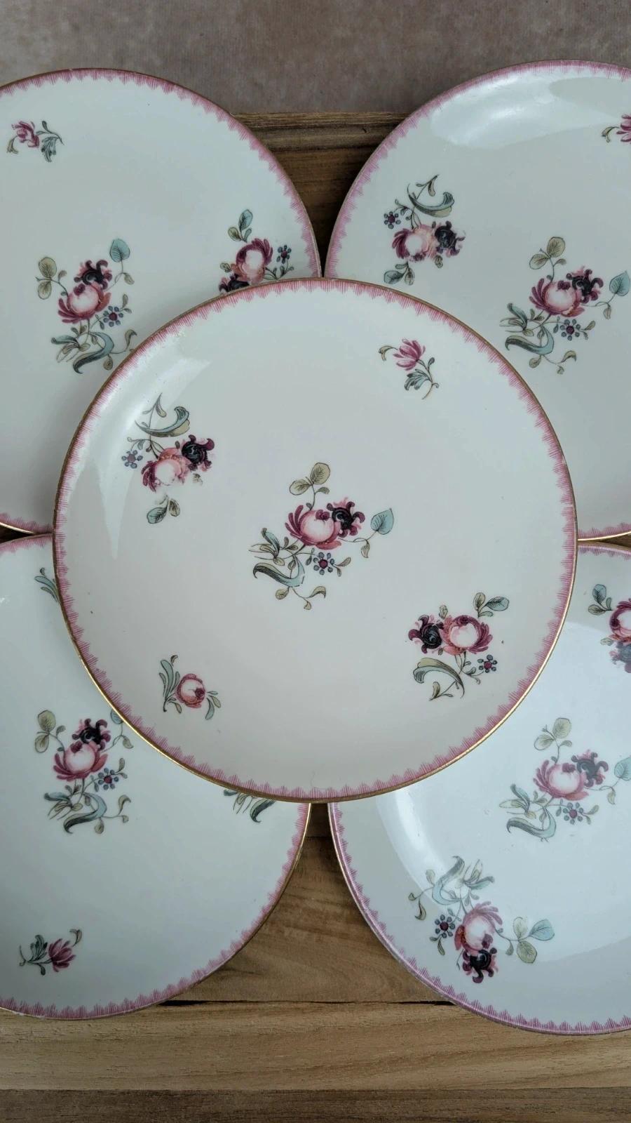 Lot de 5 petites assiettes anciennes Limoges A. Lanternier – décor fleuri rose
