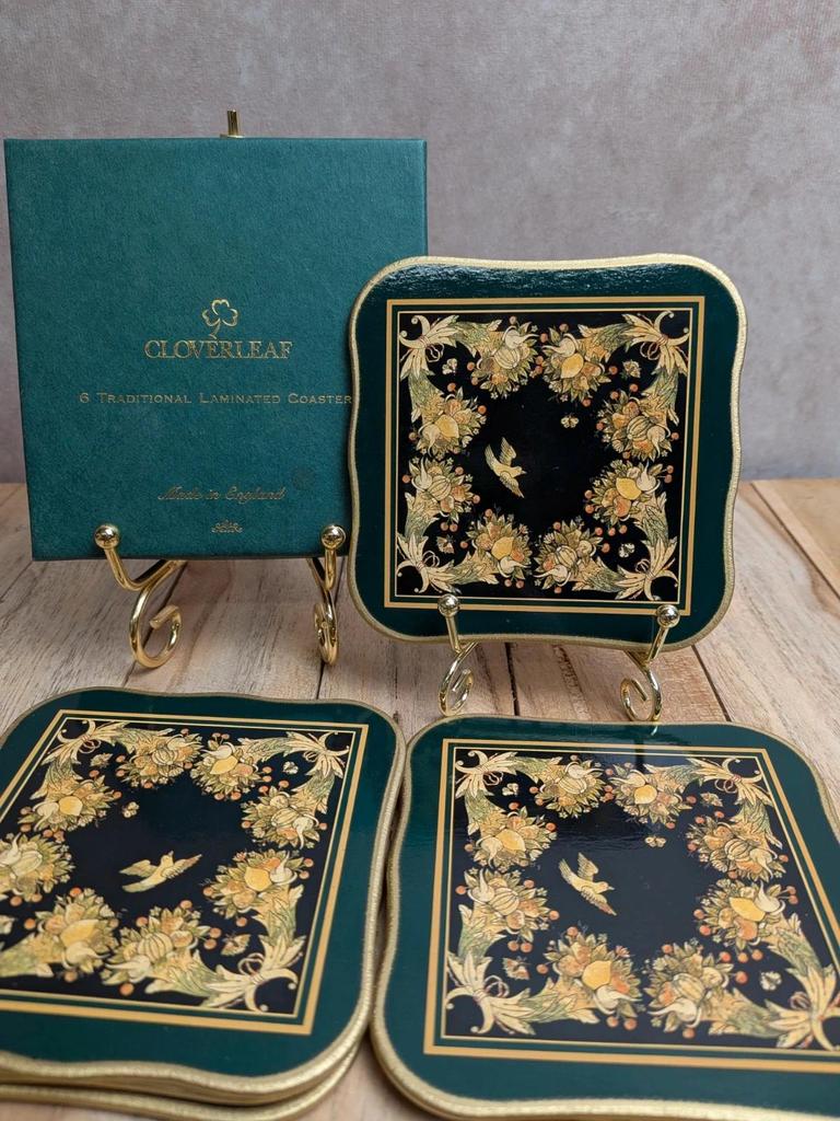 Lot de 6 sous-verres Cloverleaf England – Décor floral doré – Vintage