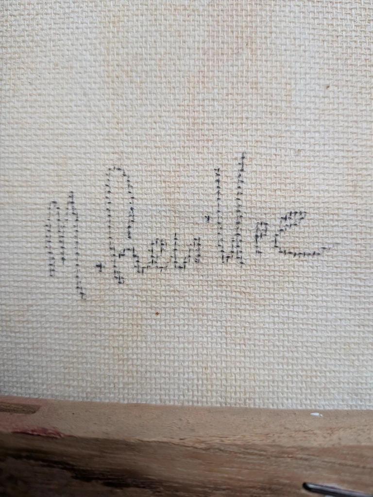 Tableau peinture au couteau signé M Hevillez scène élégante romantique relief
