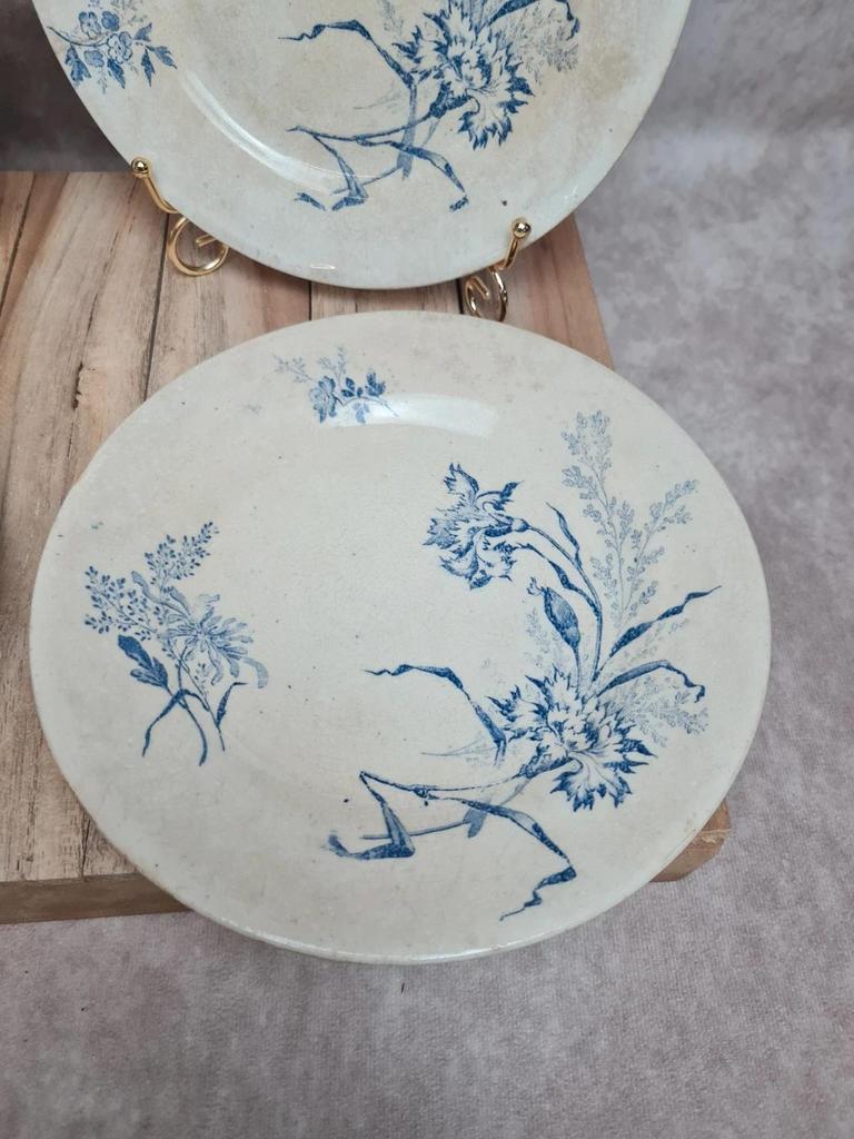 Lot 4 assiettes à dessert anciennes Terre de Fer décor œillet bleu 💙