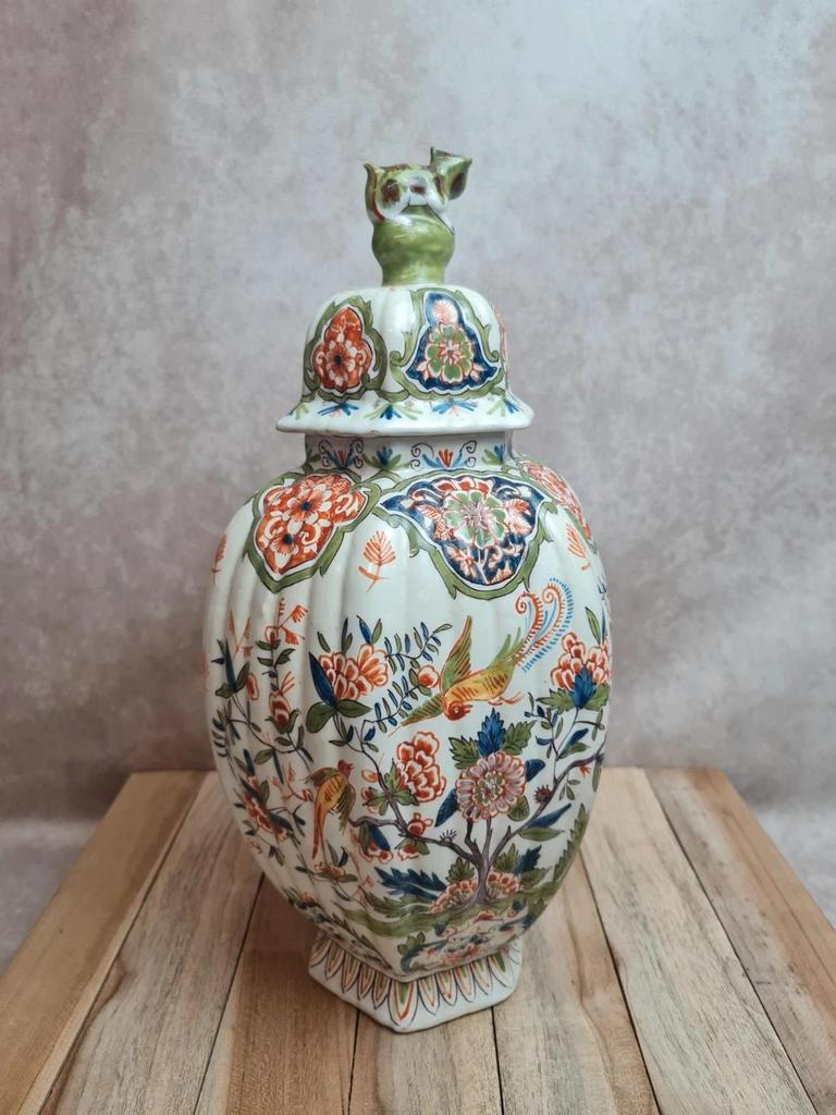 Potiche couverte ancienne faïence Desvres Fourmaintraux Xixe décor chinoiserie chien de Fô