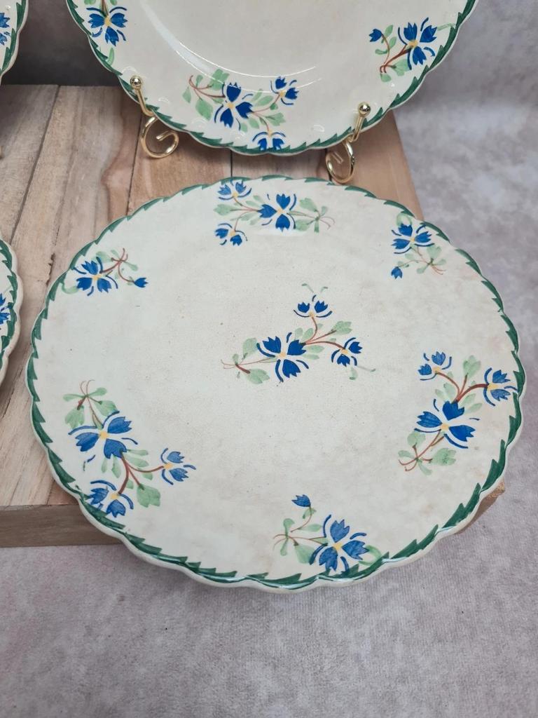 Lot de 4 assiettes à dessert anciennes terre de fer décor floral bleu et vert 🌿