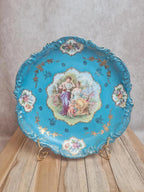 Plat mural ancien porcelaine de Saxe E.s bleu Sèvres décor romantique 29 cm