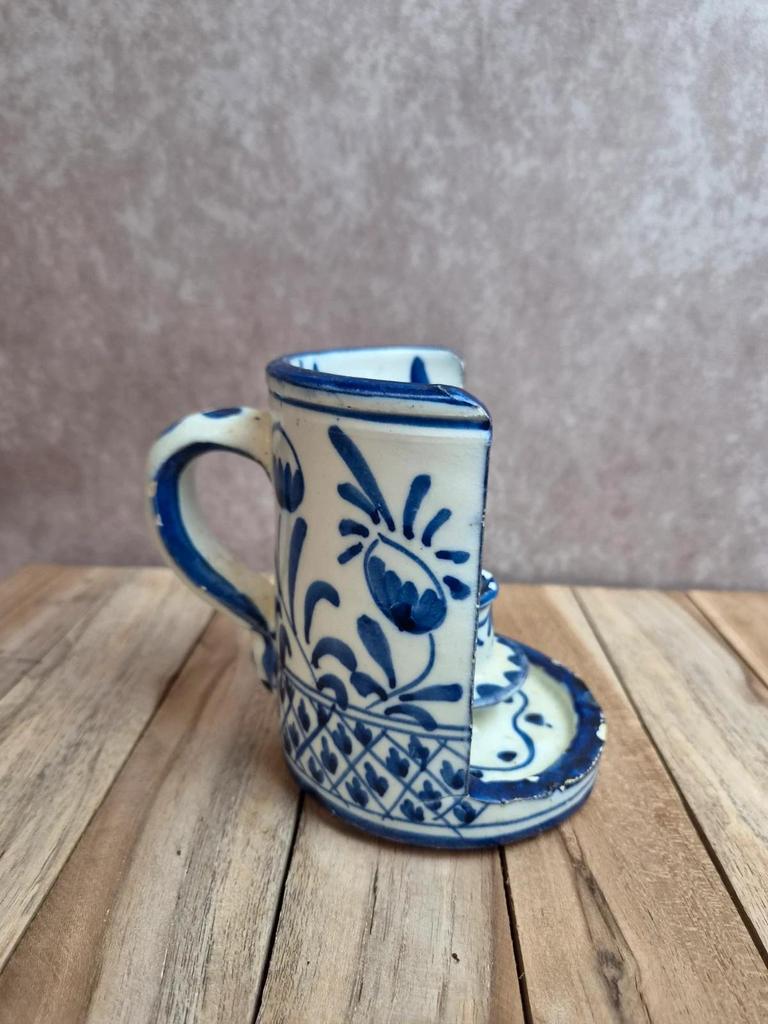 Bougeoir de chambre vintage en faïence bleu et blanc – décor peint main