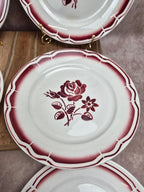 Lot de 6 assiettes plates anciennes Badonviller Fb – roses bordeaux