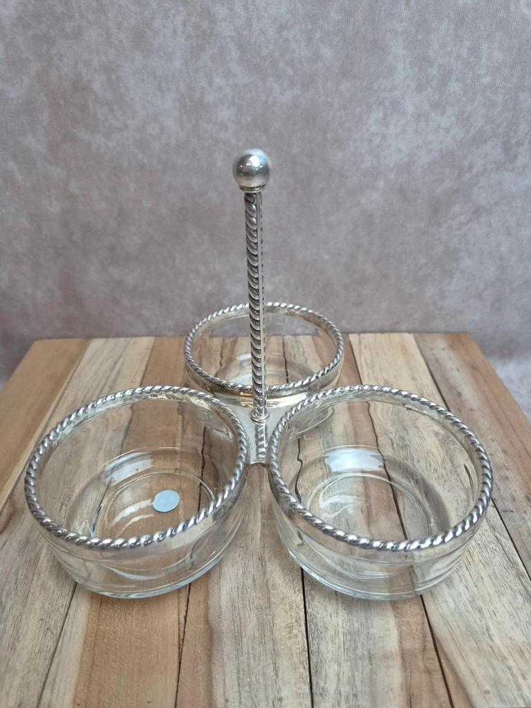 Serviteur apéritif vintage en métal argenté et verre Bormioli Rocco Italie