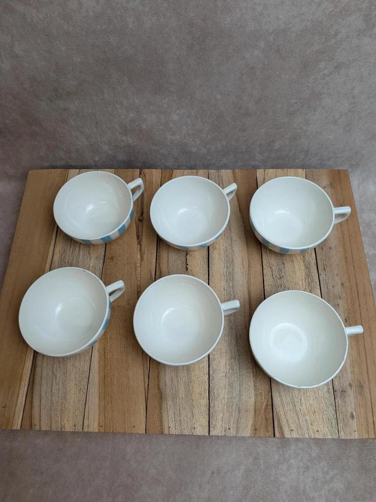 Lot de 6 tasses Terre de Fer Digoin France rayures bleues vintage