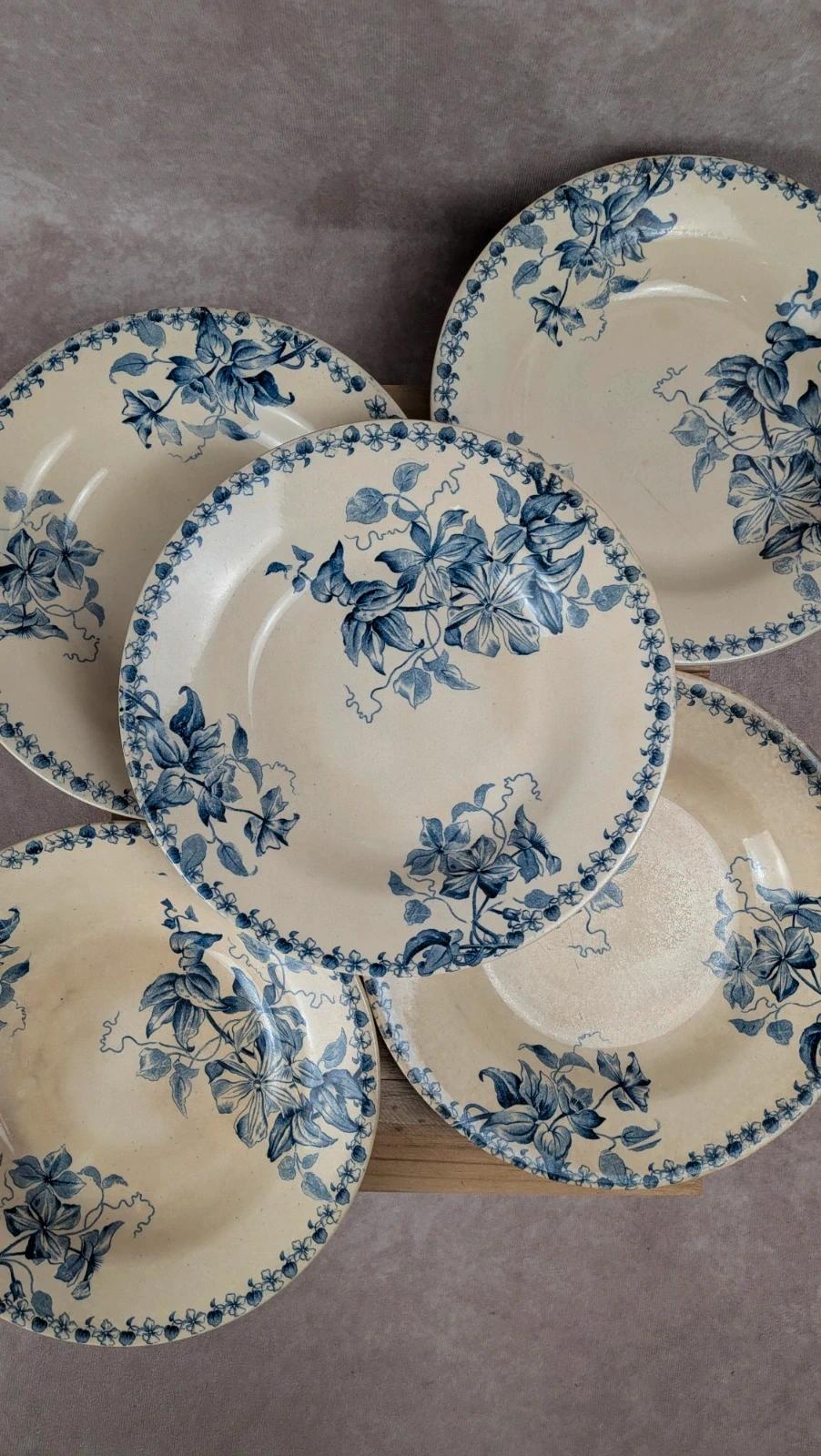 Lot de 5 assiettes creuses anciennes Vieillard & Cie Bordeaux, modèle Clématite