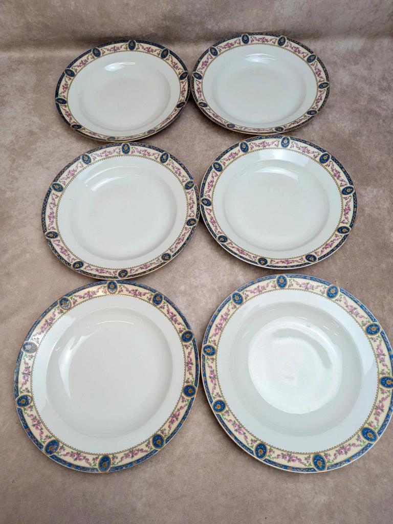 Lot 6 assiettes creuses porcelaine de Limoges décor floral bleu et rose