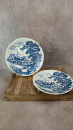 2 assiettes anciennes Gien décor bleu Bp motif paysage