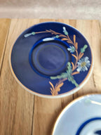 Service café vintage Digoin Sarreguemines bleu cobalt – 3 tasses + 3 soucoupes fleuries 🌼