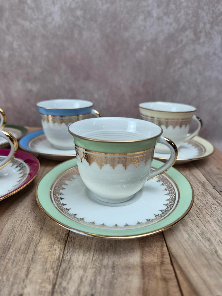 Lot de 5 tasses et soucoupes vintage en porcelaine de Limoges multicolore