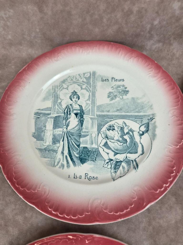 Série complète 12 assiettes parlantes Digoin Sarreguemines, terre de fer, Les Fleurs vintage