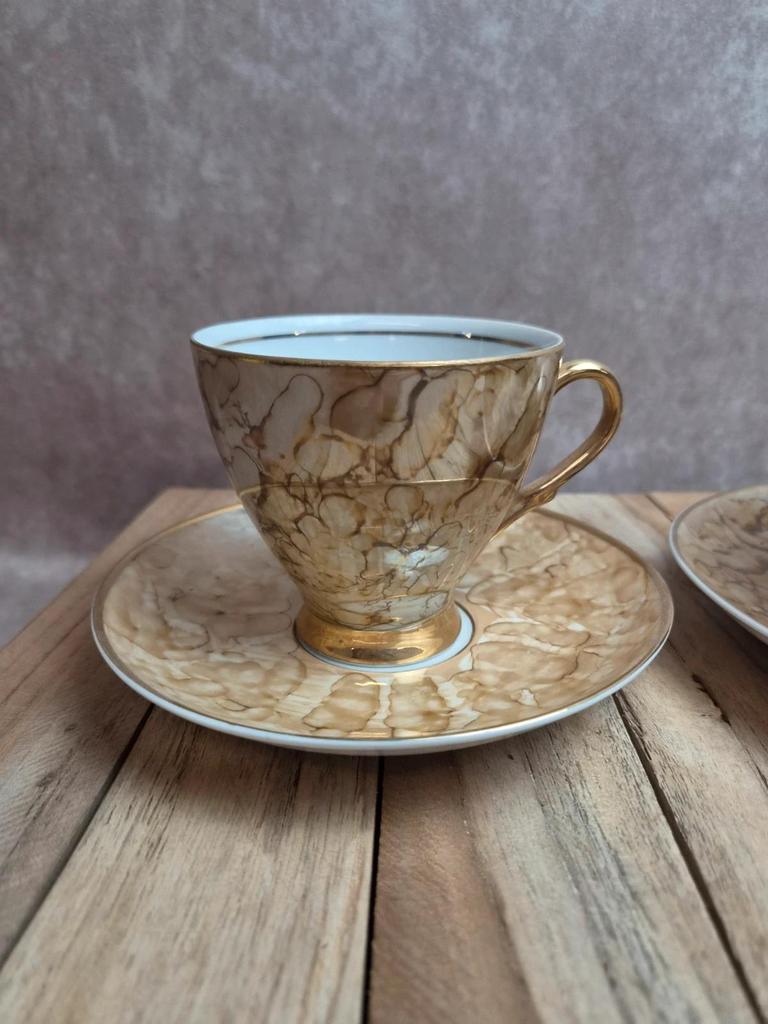 Ensemble tasse & bol en porcelaine Karolina – décor marbré or – Made in Poland