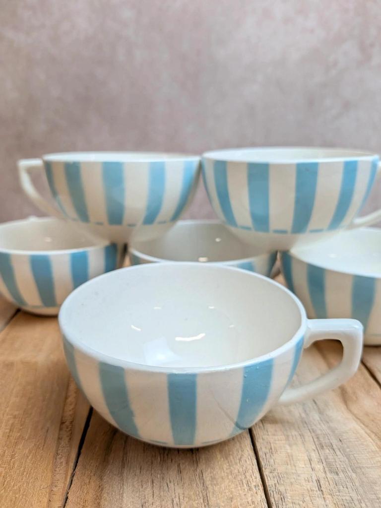 Lot de 6 tasses Terre de Fer Digoin France rayures bleues vintage