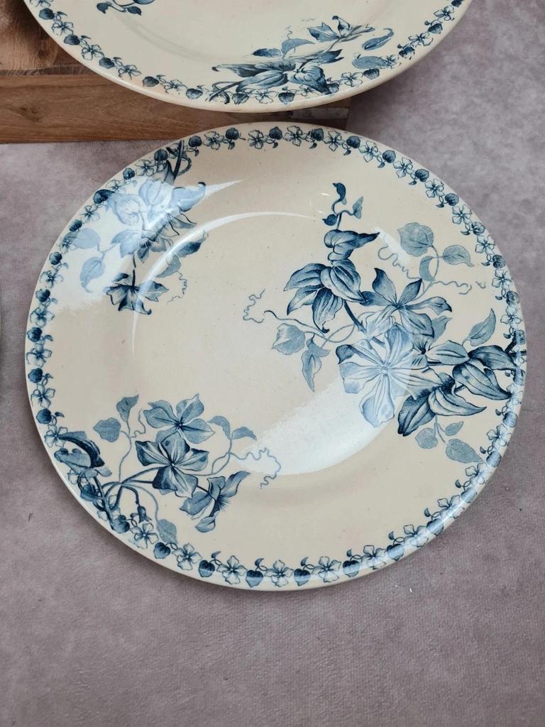 Lot de 6 assiettes plates anciennes – Vieillard & Cie Bordeaux, modèle Clématite 💙 Terre de Fer