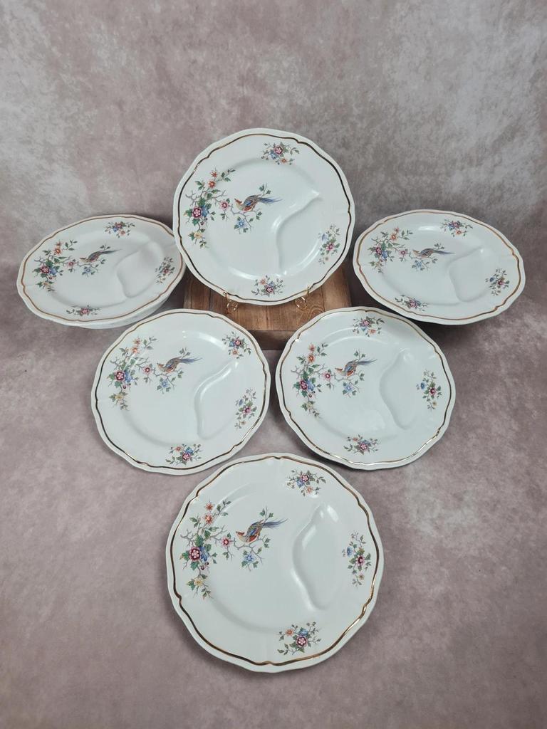 Lot de 6 assiettes à asperges Longchamp, décor oiseau fleuri vintage
