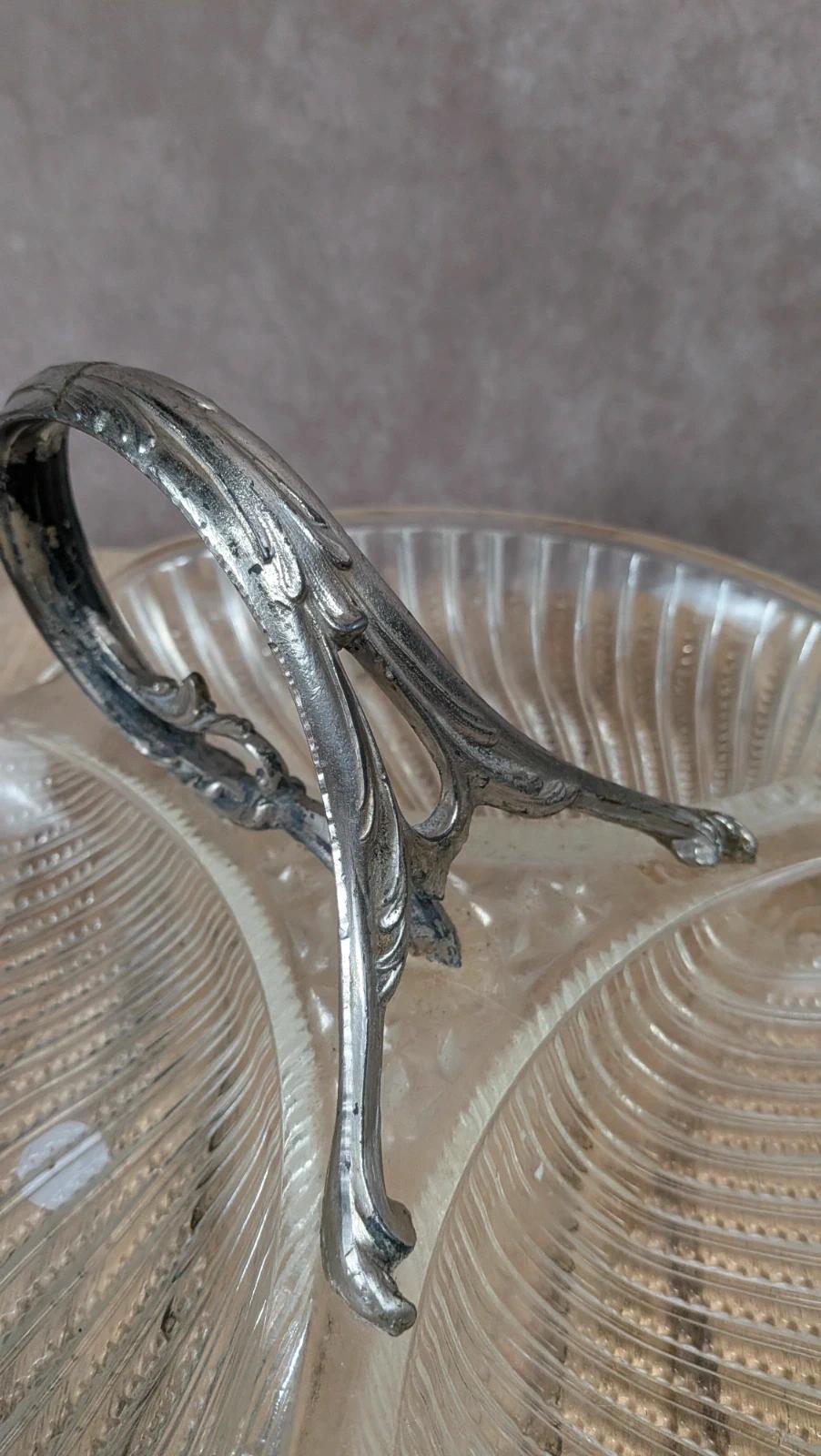 Grand serviteur vintage en verre & poignée métal argenté