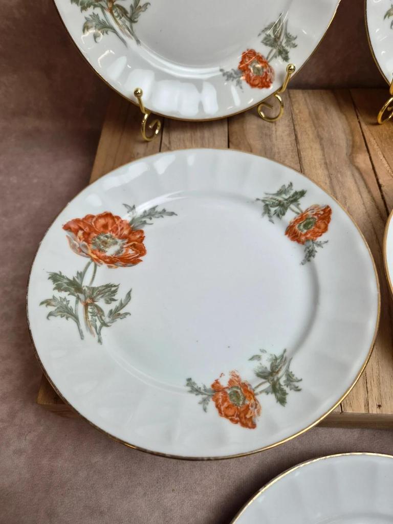 Lot de 5 assiettes à dessert en porcelaine – Décor floral coquelicots