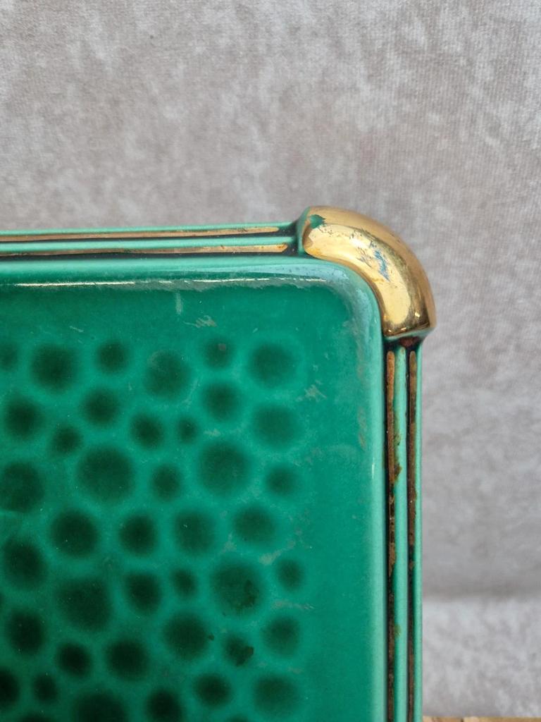 Ensemble Poët-laval dessous de plat et 2 dessous de bouteille céramique verte vintage