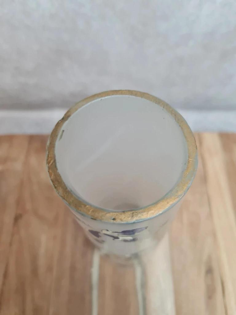 Vase ancien en verre givré décor iris peint main en relief signé Hr 🌿